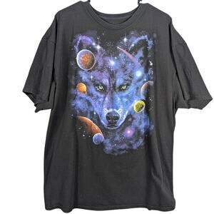 DOM Galaxy Shirt Mens 2XL Black Crew Neck Cotton Space Wolf Skater Planets